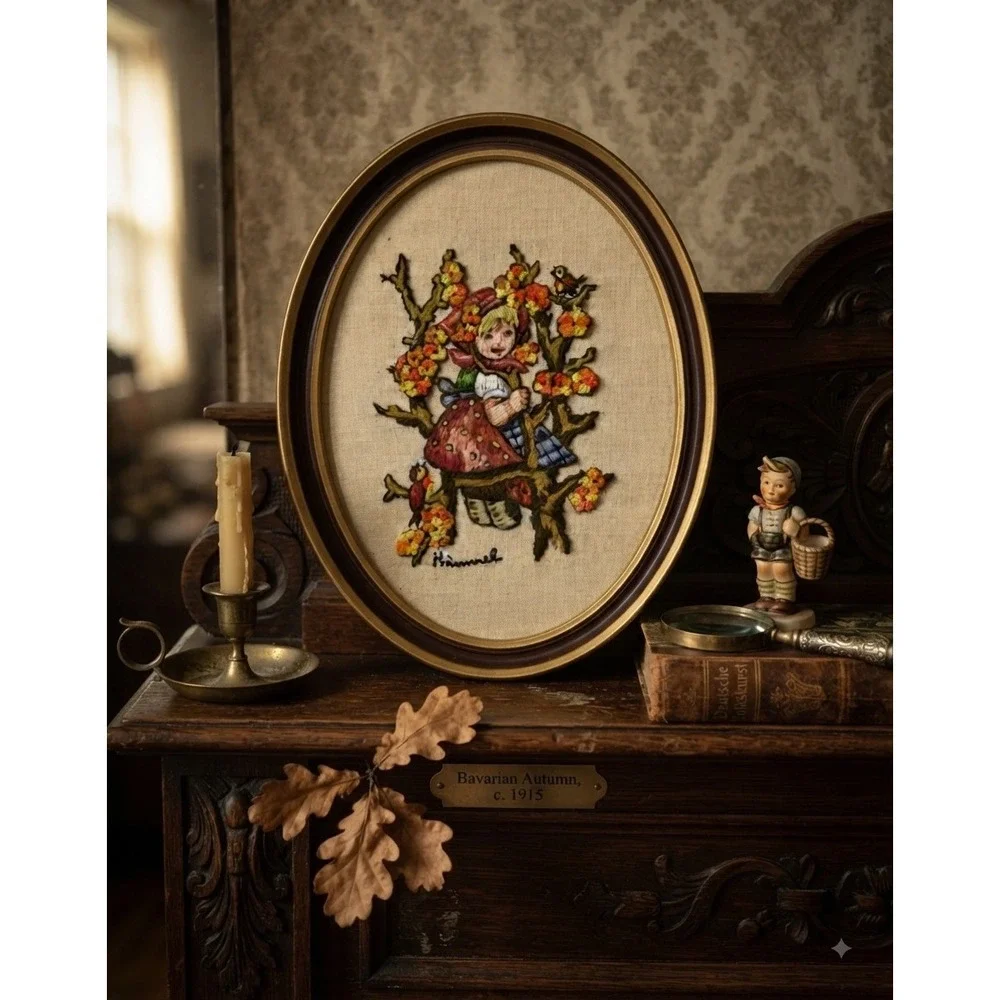 Vintage Hummel Apple Tree Girl Needlepoint Framed Oval Embroidery Wall Art 13x11